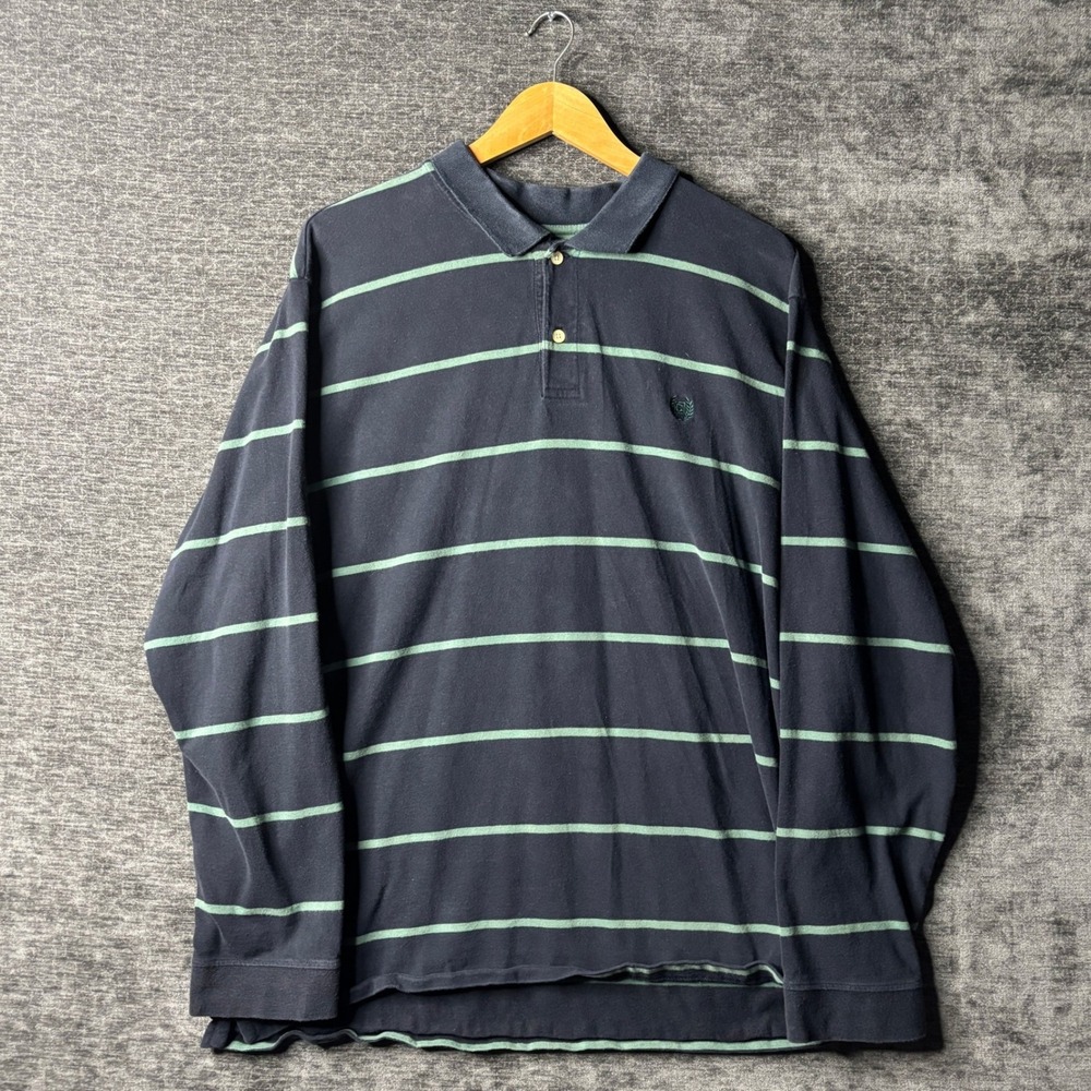 Vintage Chaps Mens Long Sleeve Polo Shirt XL Navy Blue Green Striped Preppy Y2K